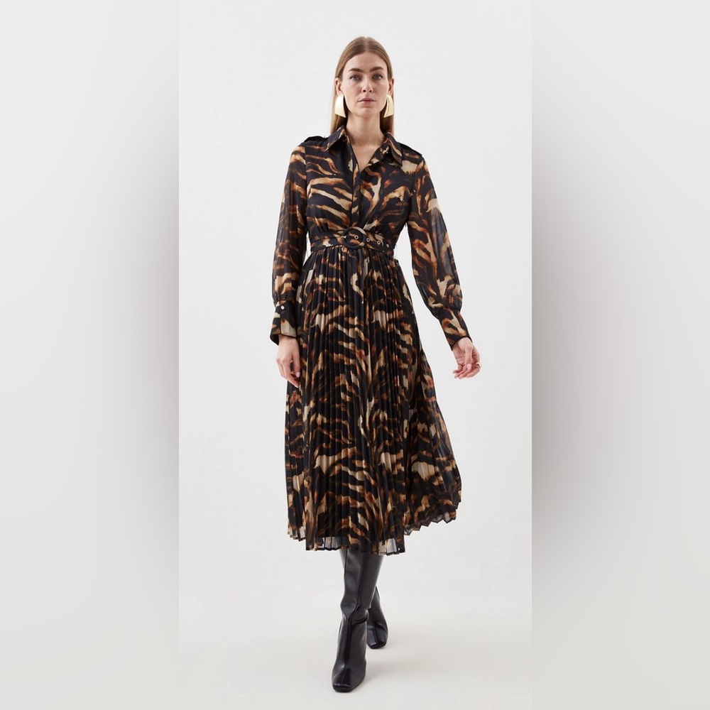 Petite Animal Georgette Pleated And Belted Woven Maxi Dress
